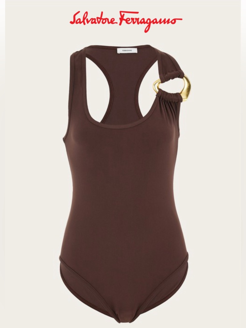 Salvatore Ferragamo Brown One-Piece Swimsuit with Gold Ring/Heart Detail